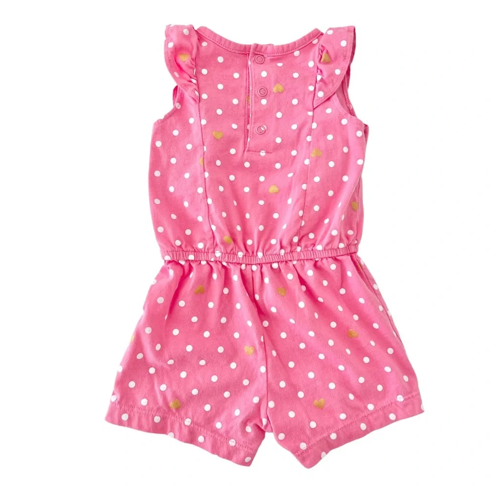 Carter's Pink & White Polka Dot Ruffle Romper w/Gold Hearts, Baby Girl 9 Months